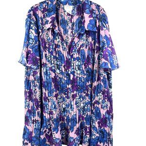 Only Necessities Women's Plus Top 3X Blue Pink Floral Pleated Short Sleeve
